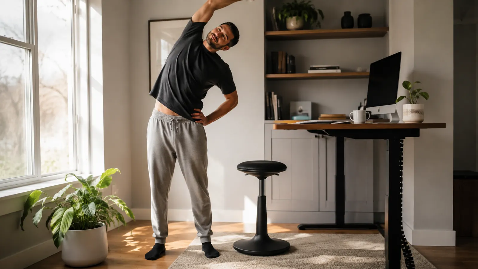 Person standing up and stretching beside a wobble stool positioned near a home office window