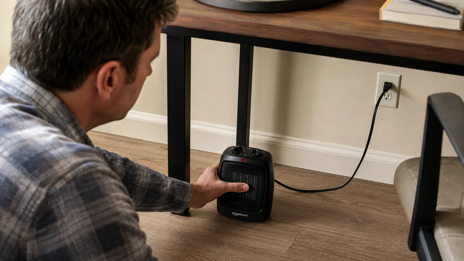 Hand placing the Amazon Basics mini ceramic heater on the floor next to a desk, angled toward the chair