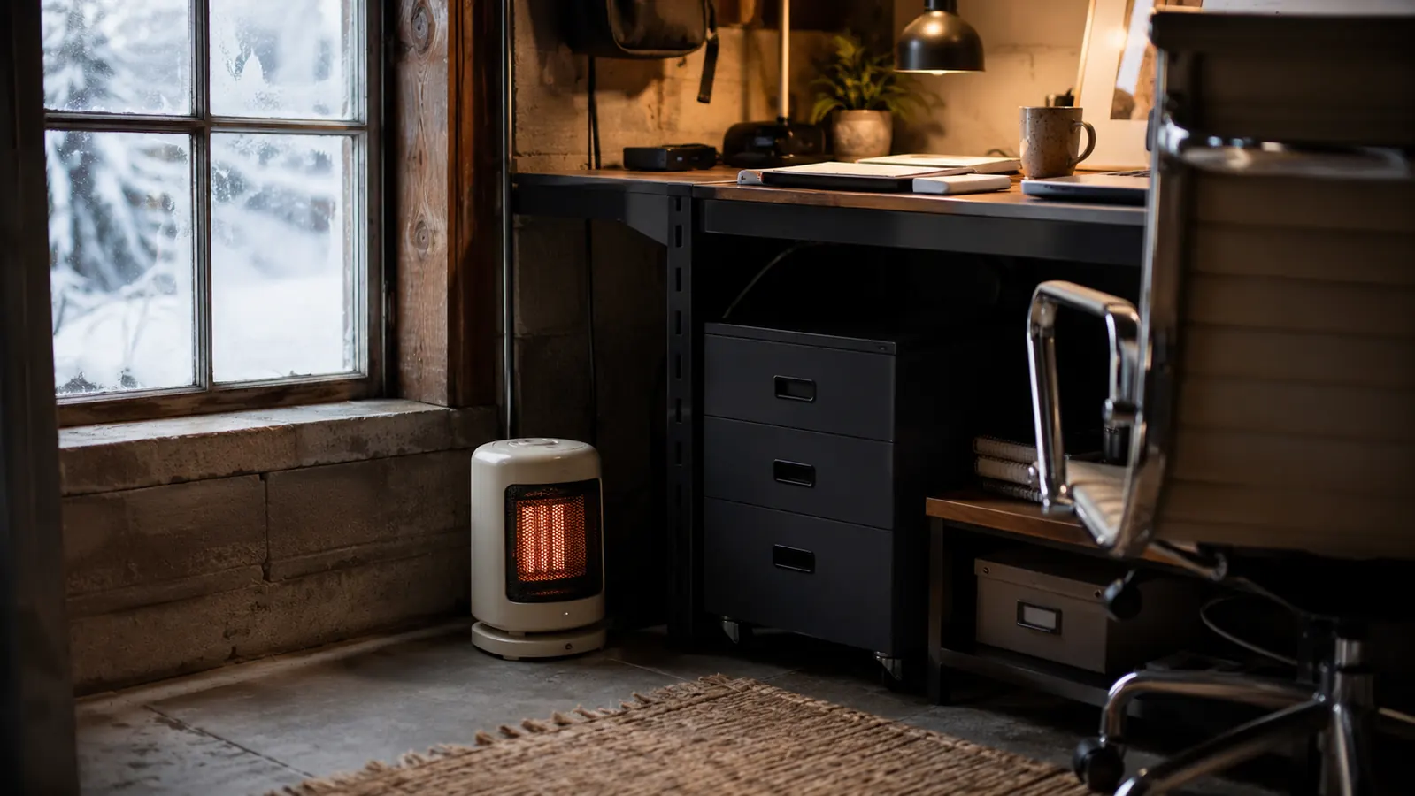 Cluttered garage office corner with a small heater tucked beside a desk in winter light