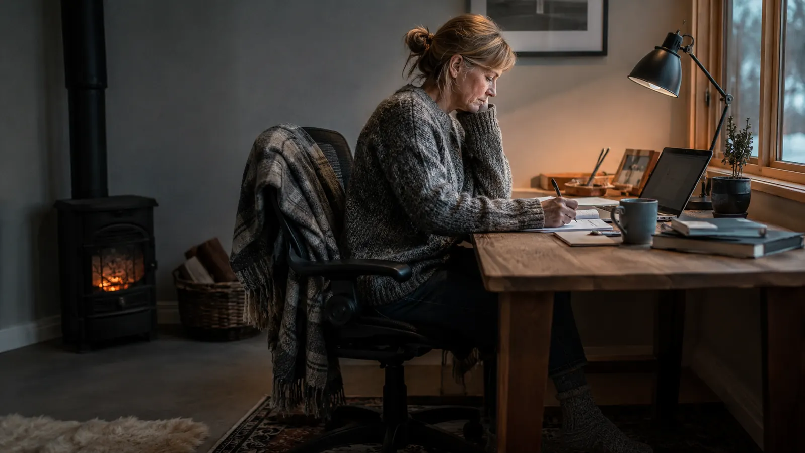 A home office worker in a sweater typing at a desk with a small heater tucked near their feet and a blanket draped over the chair behind them
