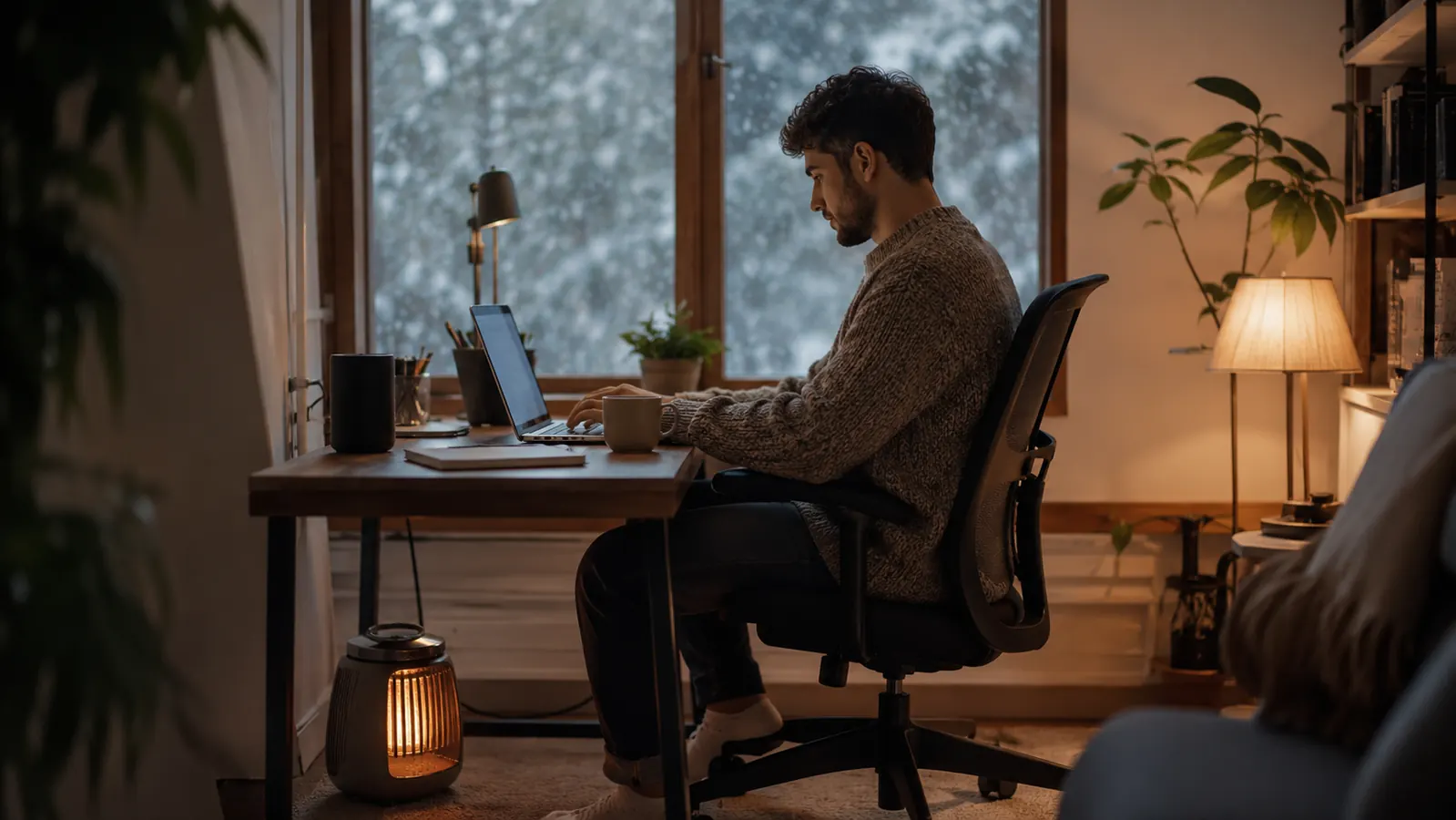 A remote worker in a sweater typing at a desk with a small heater glowing warm near their feet while snow falls outside the window