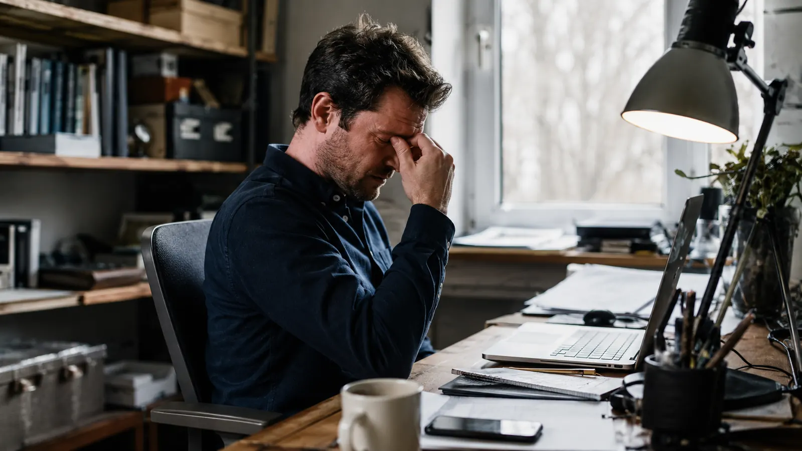 Man rubbing his eyes at his desk in the morning, papers and a coffee mug nearby