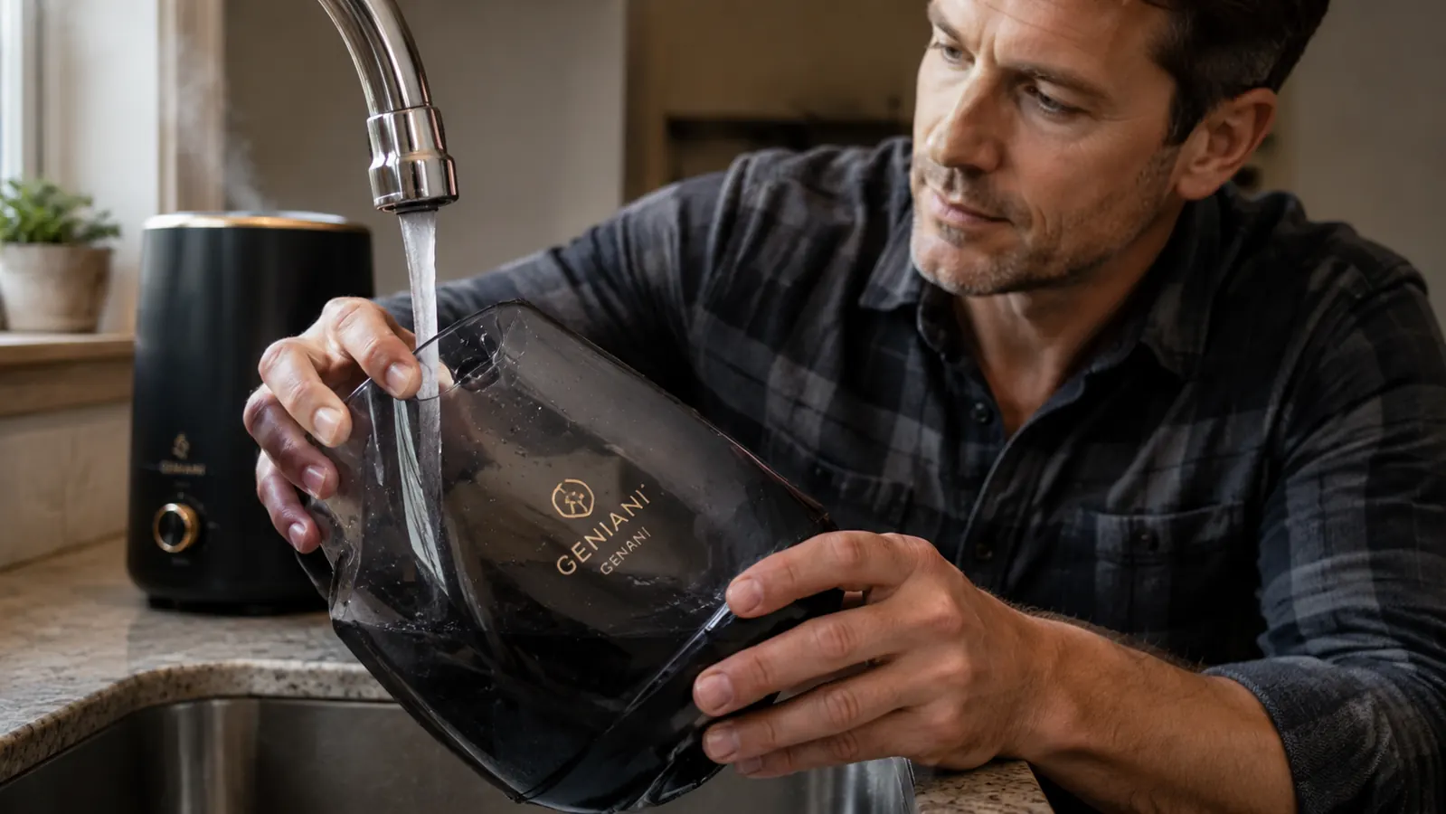Close-up of a hand refilling the water tank of the GENIANI humidifier at a kitchen sink