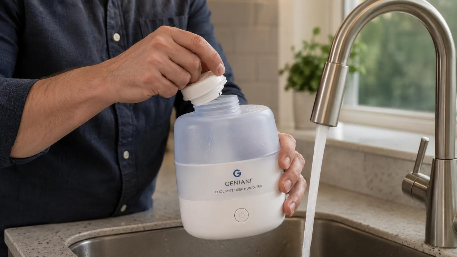 Hand refilling the water tank of a small white GENIANI humidifier at a bathroom sink