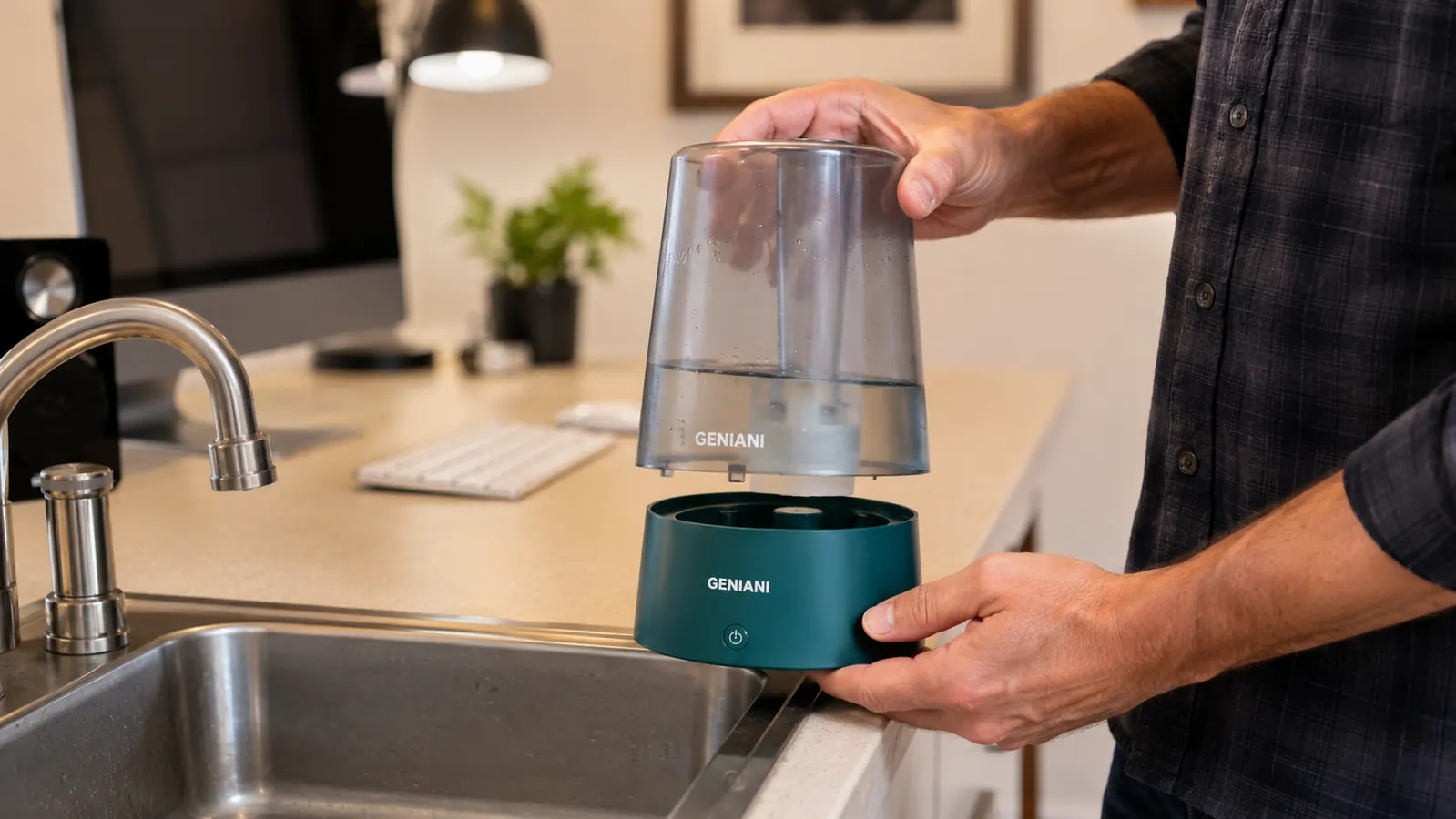Close-up of a hand refilling the water tank on a GENIANI desk humidifier at a home office desk