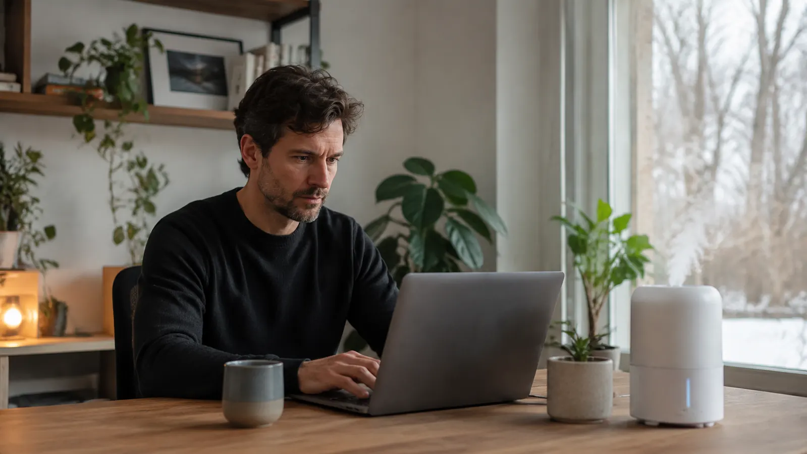 A remote worker typing at a desk with a small humidifier releasing mist near their monitor during winter