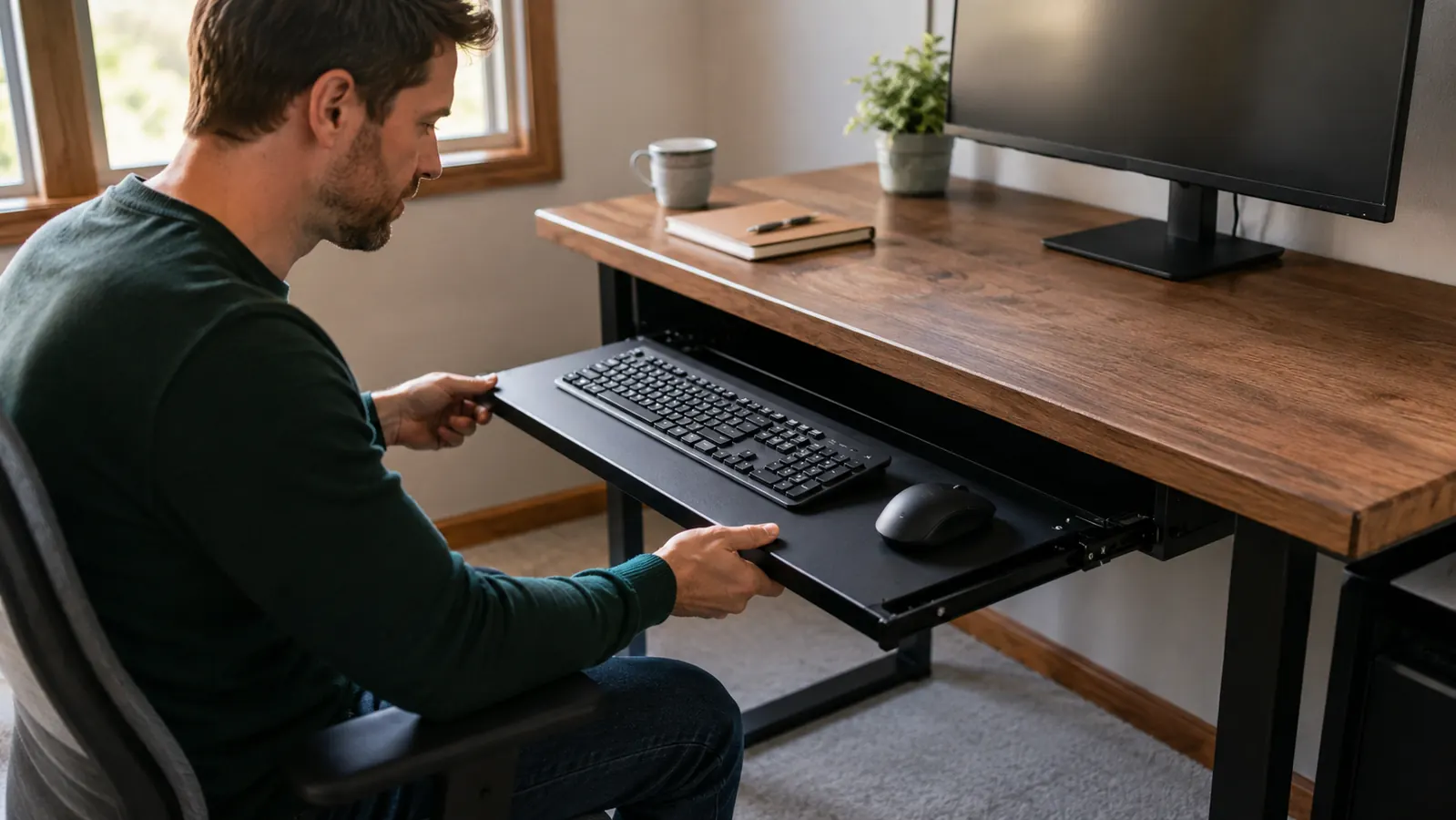 Man testing the slide motion of a newly installed keyboard tray under his home office desk