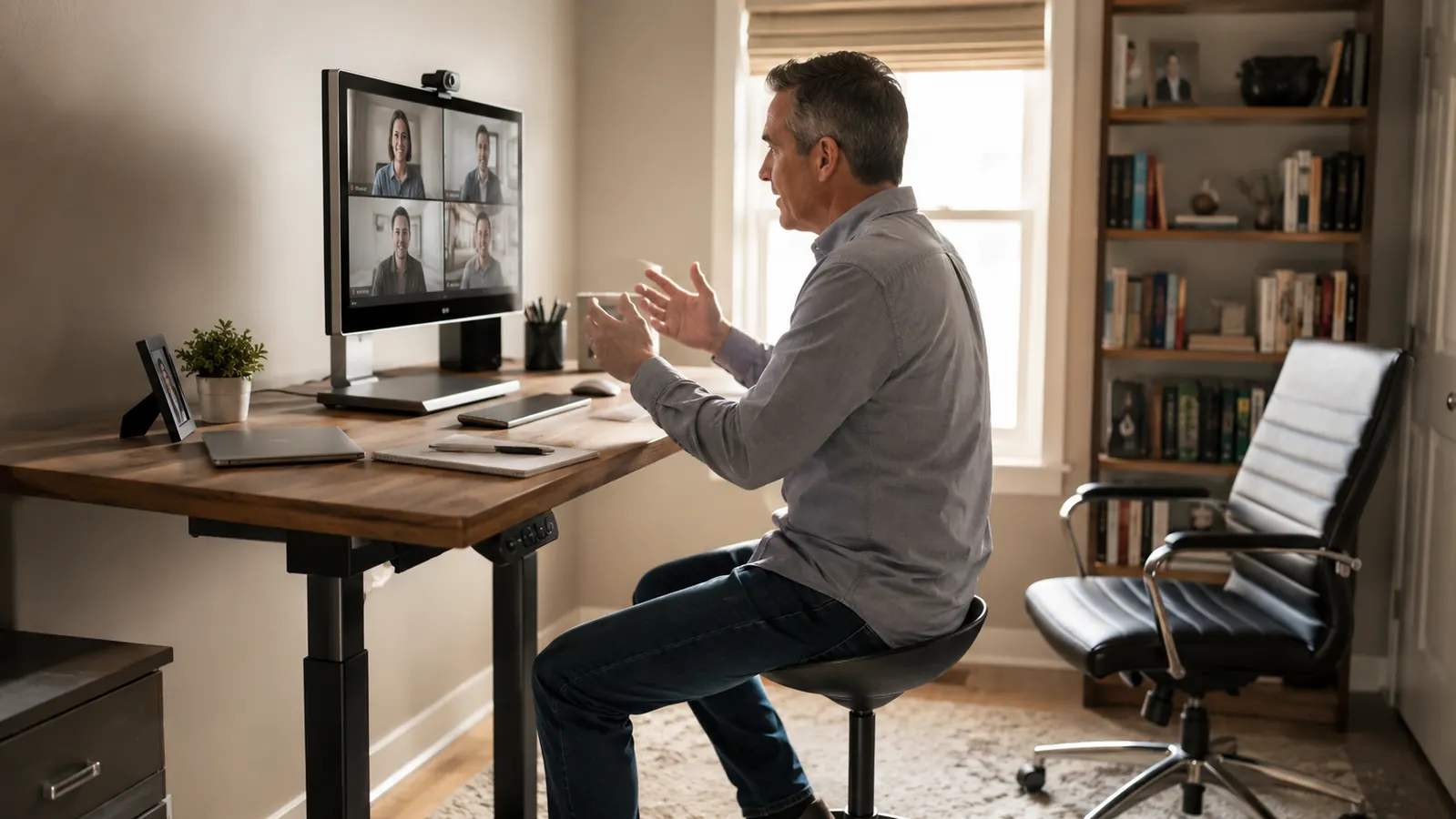Remote worker mid video call sitting on a wobble stool with a regular office chair positioned beside the desk
