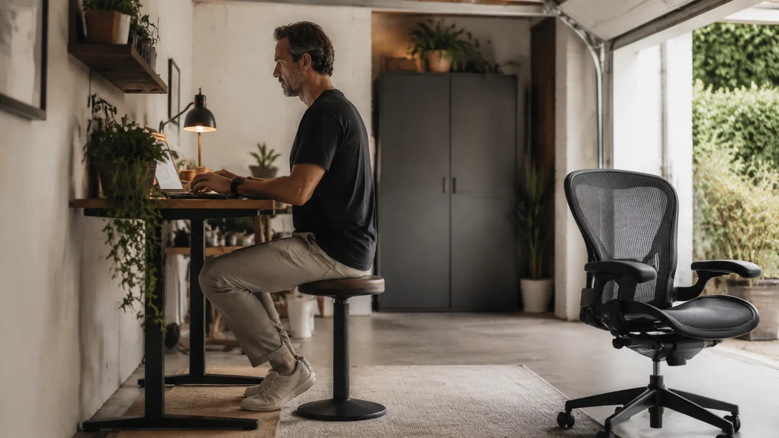 A cluttered garage corner with an old drafting chair pushed aside, replaced by open floor space