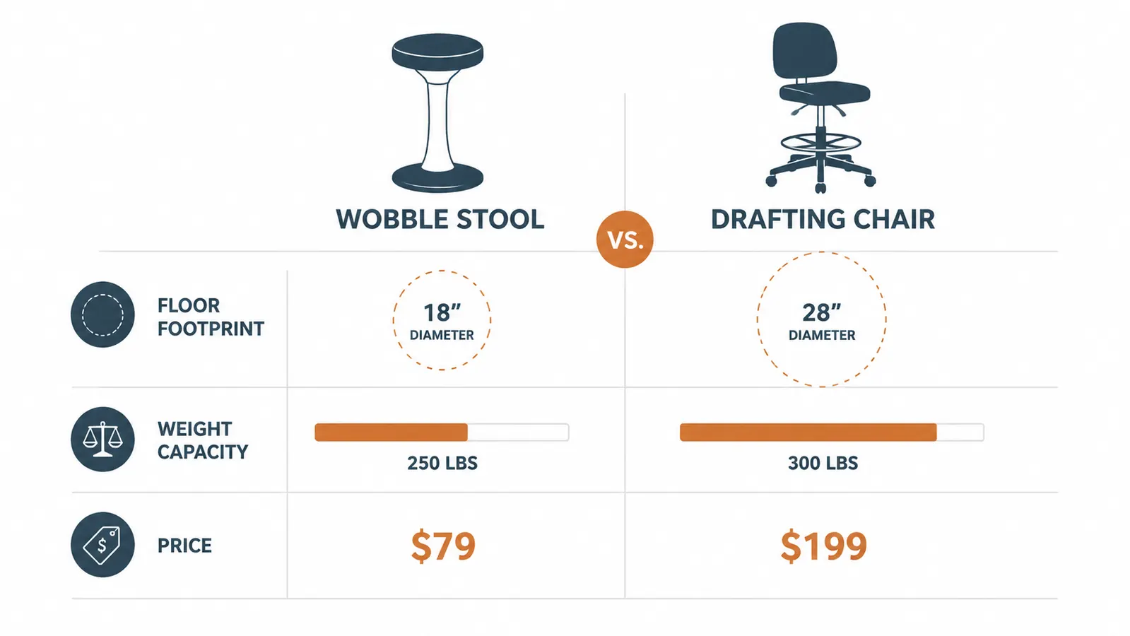 Chart comparing floor footprint, weight capacity, and price of a wobble stool versus a drafting chair