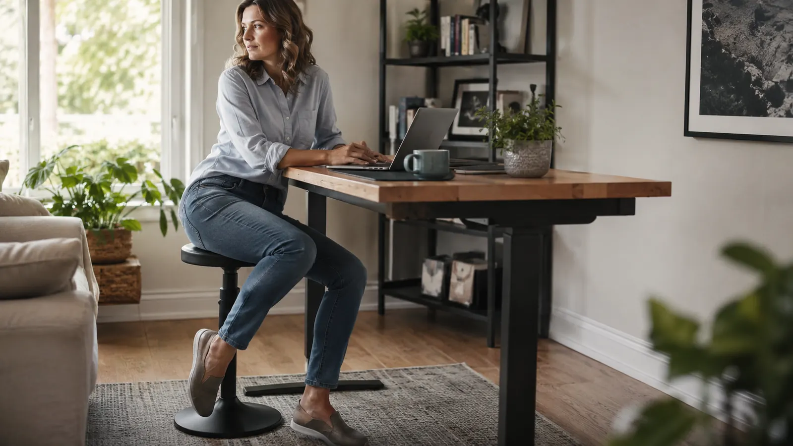 A remote worker sitting on a wobble stool at a standing desk, shifting their weight while typing