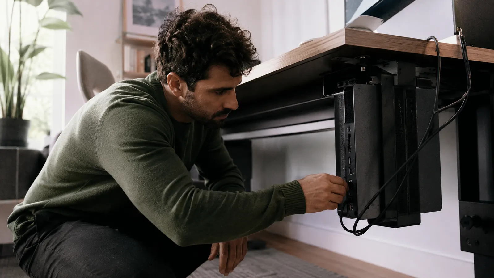 Man kneeling to plug a cable into the back of a computer tower mounted under his desk