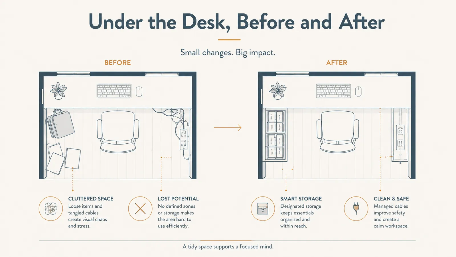 Simple before-and-after diagram showing floor space cluttered by a tower and cords, then cleared after mounting it under the desk