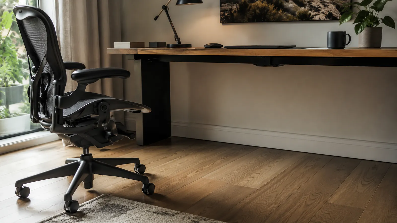 Office chair rolling freely under a desk with no computer tower in the way
