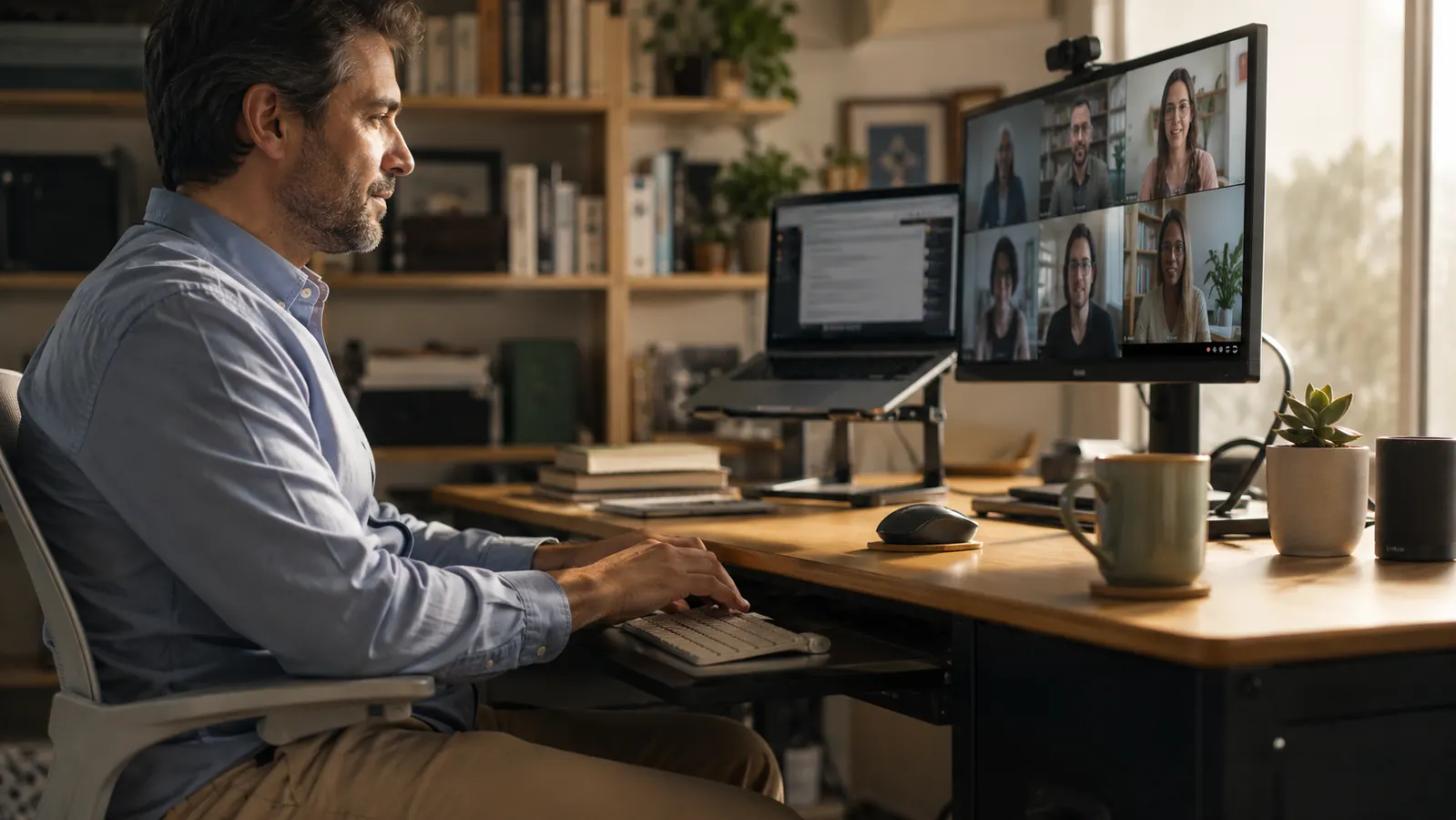 Remote worker typing on a keyboard resting on a slide-out under-desk tray during a video call
