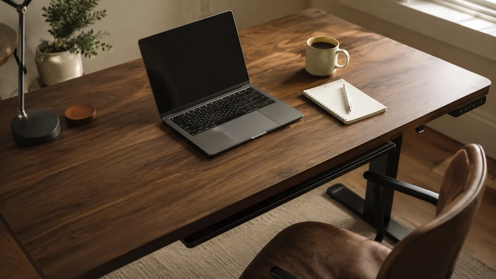 Home office desk with a keyboard tray slid fully under the desktop, leaving the surface clear
